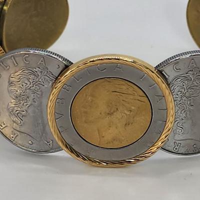 LOT 25:: 14k Gold Bezel Stainless Steel Milor Italy Two tone Coin Bracelet by QVC
