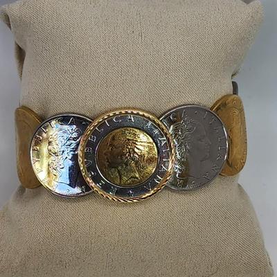 LOT 25:: 14k Gold Bezel Stainless Steel Milor Italy Two tone Coin Bracelet by QVC