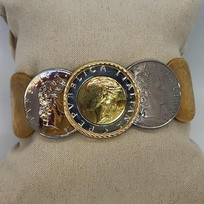 LOT 25:: 14k Gold Bezel Stainless Steel Milor Italy Two tone Coin Bracelet by QVC