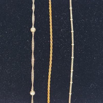 LOT 27:: Three Sterling Silver 925 Italy Ankle Bracelets- one is gold vermeil