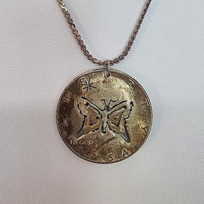 LOT 29:: Handcrafted ONE OF A KIND Butterfly and Star in a 1964 Quarter Pendant on 18" L 925 Italy Chain