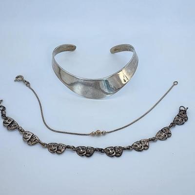 LOT:: Sterling Silver Bracelets- Classis Wave Cuff, I7" L Italian balls on rope chain and 7" L Comedy tragedy theater masks 30.8g