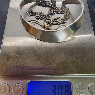 LOT:: Sterling Silver Bracelets- Classis Wave Cuff, I7" L Italian balls on rope chain and 7" L Comedy tragedy theater masks 30.8g