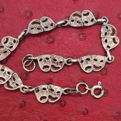 LOT:: Sterling Silver Bracelets- Classis Wave Cuff, I7" L Italian balls on rope chain and 7" L Comedy tragedy theater masks 30.8g