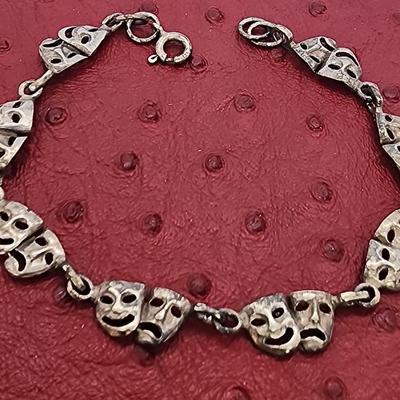 LOT:: Sterling Silver Bracelets- Classis Wave Cuff, I7" L Italian balls on rope chain and 7" L Comedy tragedy theater masks 30.8g