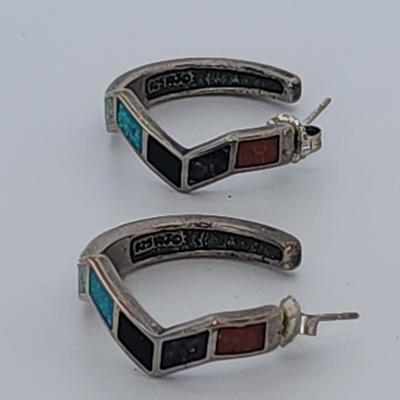 LOT 32:: Vintage Inlaid Turquoise and Coral Sterling Zig Zag Cuff and Inlay Sterling Zig Zag Pierced Earrings