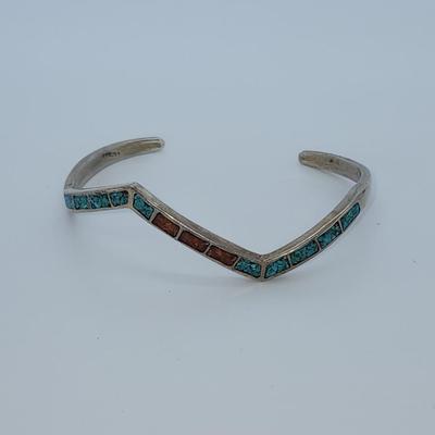 LOT 32:: Vintage Inlaid Turquoise and Coral Sterling Zig Zag Cuff and Inlay Sterling Zig Zag Pierced Earrings