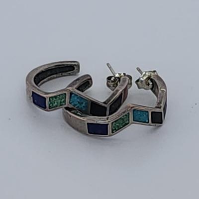 LOT 32:: Vintage Inlaid Turquoise and Coral Sterling Zig Zag Cuff and Inlay Sterling Zig Zag Pierced Earrings