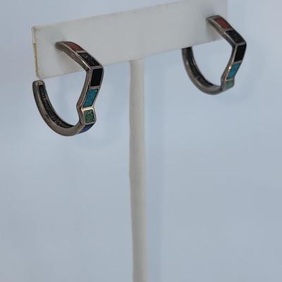 LOT 32:: Vintage Inlaid Turquoise and Coral Sterling Zig Zag Cuff and Inlay Sterling Zig Zag Pierced Earrings