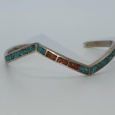 LOT 32:: Vintage Inlaid Turquoise and Coral Sterling Zig Zag Cuff and Inlay Sterling Zig Zag Pierced Earrings
