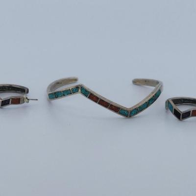 LOT 32:: Vintage Inlaid Turquoise and Coral Sterling Zig Zag Cuff and Inlay Sterling Zig Zag Pierced Earrings