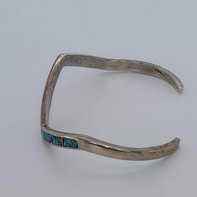 LOT 32:: Vintage Inlaid Turquoise and Coral Sterling Zig Zag Cuff and Inlay Sterling Zig Zag Pierced Earrings