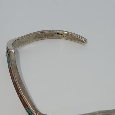 LOT 32:: Vintage Inlaid Turquoise and Coral Sterling Zig Zag Cuff and Inlay Sterling Zig Zag Pierced Earrings