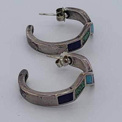 LOT 32:: Vintage Inlaid Turquoise and Coral Sterling Zig Zag Cuff and Inlay Sterling Zig Zag Pierced Earrings