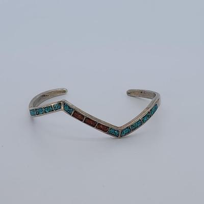 LOT 32:: Vintage Inlaid Turquoise and Coral Sterling Zig Zag Cuff and Inlay Sterling Zig Zag Pierced Earrings
