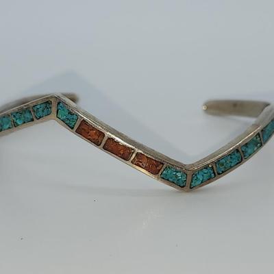 LOT 32:: Vintage Inlaid Turquoise and Coral Sterling Zig Zag Cuff and Inlay Sterling Zig Zag Pierced Earrings