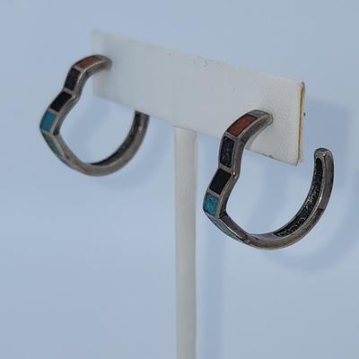 LOT 32:: Vintage Inlaid Turquoise and Coral Sterling Zig Zag Cuff and Inlay Sterling Zig Zag Pierced Earrings