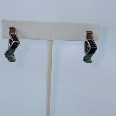 LOT 32:: Vintage Inlaid Turquoise and Coral Sterling Zig Zag Cuff and Inlay Sterling Zig Zag Pierced Earrings