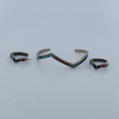 LOT 32:: Vintage Inlaid Turquoise and Coral Sterling Zig Zag Cuff and Inlay Sterling Zig Zag Pierced Earrings