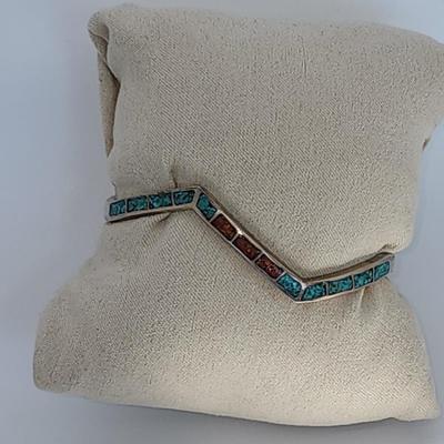 LOT 32:: Vintage Inlaid Turquoise and Coral Sterling Zig Zag Cuff and Inlay Sterling Zig Zag Pierced Earrings