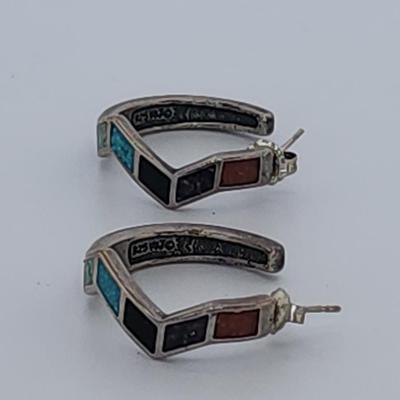 LOT 32:: Vintage Inlaid Turquoise and Coral Sterling Zig Zag Cuff and Inlay Sterling Zig Zag Pierced Earrings