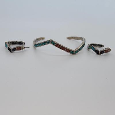 LOT 32:: Vintage Inlaid Turquoise and Coral Sterling Zig Zag Cuff and Inlay Sterling Zig Zag Pierced Earrings