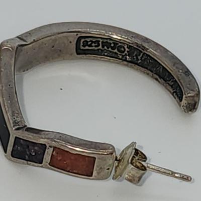 LOT 32:: Vintage Inlaid Turquoise and Coral Sterling Zig Zag Cuff and Inlay Sterling Zig Zag Pierced Earrings