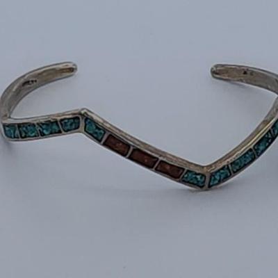 LOT 32:: Vintage Inlaid Turquoise and Coral Sterling Zig Zag Cuff and Inlay Sterling Zig Zag Pierced Earrings
