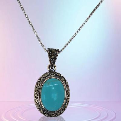 LOT 34:: Sterling Turquoise and Marcasite double sided pendant on 16" L 925 Italy chain