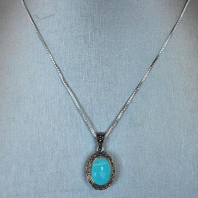LOT 34:: Sterling Turquoise and Marcasite double sided pendant on 16" L 925 Italy chain