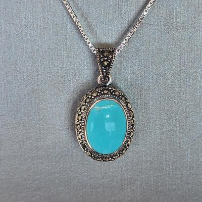 LOT 34:: Sterling Turquoise and Marcasite double sided pendant on 16" L 925 Italy chain