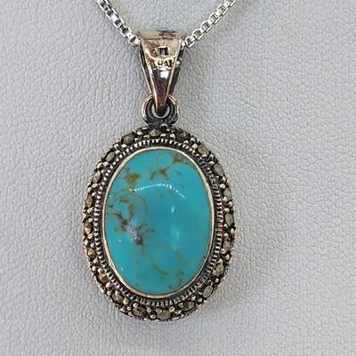 LOT 34:: Sterling Turquoise and Marcasite double sided pendant on 16" L 925 Italy chain