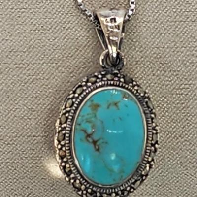 LOT 34:: Sterling Turquoise and Marcasite double sided pendant on 16" L 925 Italy chain