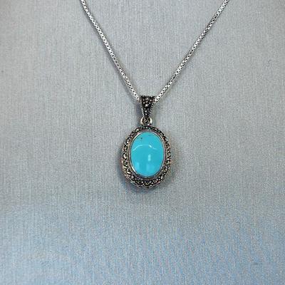 LOT 34:: Sterling Turquoise and Marcasite double sided pendant on 16" L 925 Italy chain