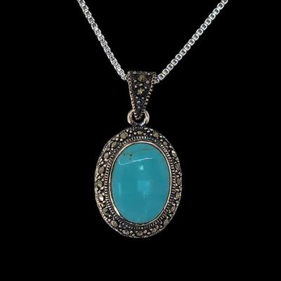 LOT 34:: Sterling Turquoise and Marcasite double sided pendant on 16" L 925 Italy chain