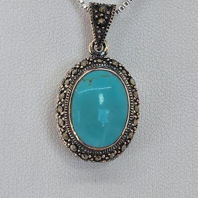 LOT 34:: Sterling Turquoise and Marcasite double sided pendant on 16" L 925 Italy chain