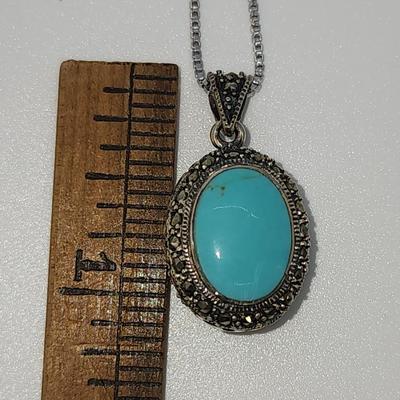 LOT 34:: Sterling Turquoise and Marcasite double sided pendant on 16" L 925 Italy chain