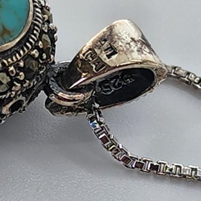 LOT 34:: Sterling Turquoise and Marcasite double sided pendant on 16" L 925 Italy chain