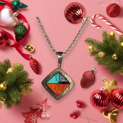 LOT 36:: Vintage Beautiful Inlaid Turquoise and other gemstones Pendant/Brooch with removable Bail and a thick 18"L Chain 925 Italy