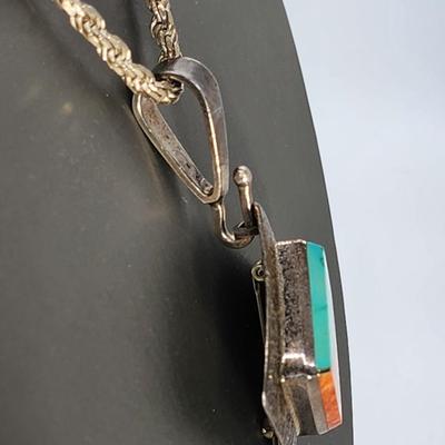 LOT 36:: Vintage Beautiful Inlaid Turquoise and other gemstones Pendant/Brooch with removable Bail and a thick 18"L Chain 925 Italy