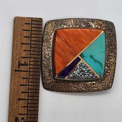 LOT 36:: Vintage Beautiful Inlaid Turquoise and other gemstones Pendant/Brooch with removable Bail and a thick 18"L Chain 925 Italy