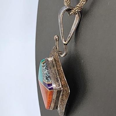 LOT 36:: Vintage Beautiful Inlaid Turquoise and other gemstones Pendant/Brooch with removable Bail and a thick 18"L Chain 925 Italy