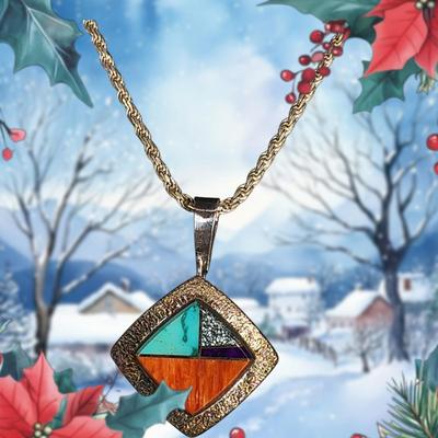 LOT 36:: Vintage Beautiful Inlaid Turquoise and other gemstones Pendant/Brooch with removable Bail and a thick 18"L Chain 925 Italy
