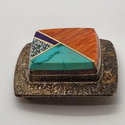 LOT 36:: Vintage Beautiful Inlaid Turquoise and other gemstones Pendant/Brooch with removable Bail and a thick 18"L Chain 925 Italy