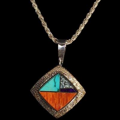 LOT 36:: Vintage Beautiful Inlaid Turquoise and other gemstones Pendant/Brooch with removable Bail and a thick 18"L Chain 925 Italy