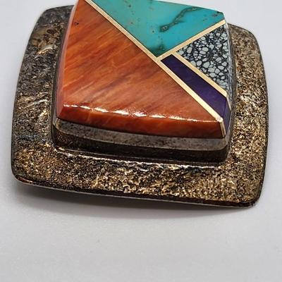 LOT 36:: Vintage Beautiful Inlaid Turquoise and other gemstones Pendant/Brooch with removable Bail and a thick 18"L Chain 925 Italy