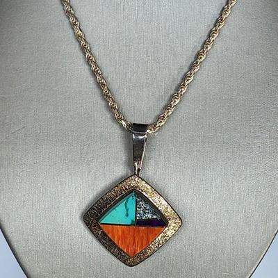 LOT 36:: Vintage Beautiful Inlaid Turquoise and other gemstones Pendant/Brooch with removable Bail and a thick 18"L Chain 925 Italy
