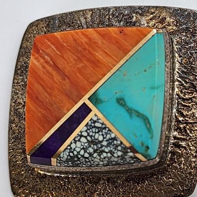 LOT 36:: Vintage Beautiful Inlaid Turquoise and other gemstones Pendant/Brooch with removable Bail and a thick 18"L Chain 925 Italy