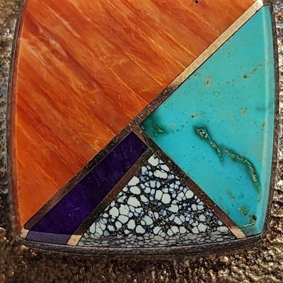 LOT 36:: Vintage Beautiful Inlaid Turquoise and other gemstones Pendant/Brooch with removable Bail and a thick 18"L Chain 925 Italy