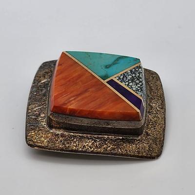 LOT 36:: Vintage Beautiful Inlaid Turquoise and other gemstones Pendant/Brooch with removable Bail and a thick 18"L Chain 925 Italy